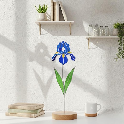 Stained Glass Blue Iris Flower Table Decor, Stained Glass Birth Month Flower(feb), Custom Birthday Suncatcher, Iris Glass Flower Plant Stake - Etsy
