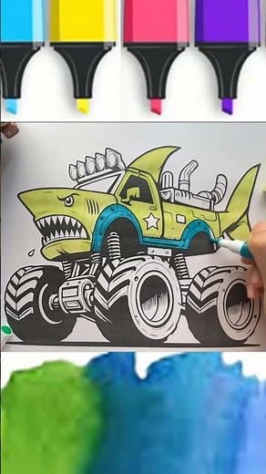 Tô màu xe tải quái vật cá mập/ How to Color Shark Monster Truck Coloring pages for kids