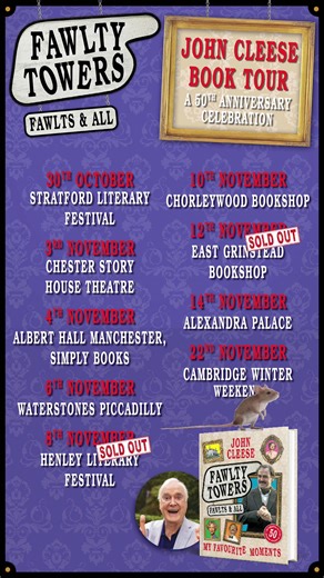 Look out for Siberian Hamsters! 🐹 I’ll be talking about my new book, “Fawlty Towers: Fawlts & All” at venues across the UK this Autumn! Find out what happened behind the scenes & celebrate the show’s classic moments with me. 🫎 🛎️🏚️ Tickets: https://linktr.ee/FawltyTowers | John Cleese