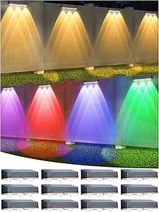 INDARUN Solar Fence Lights Outdoor 12 Pack, Warm White & Cool White & RGB 8 Color Changing Fence Lights, with 3 Lens LEDs & 12 Modes, IP65 Waterproof, for Patio Porch Backyard Decor