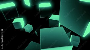 3D cubes rotate in air. Design. Glowing 3d cubes move in space on black background. Cubes rotate in flow of space