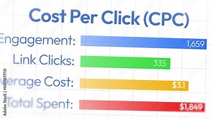 Cost Per Click report 4k animation with bars speeding and counting numbers, advertisement analytics concept design