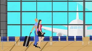 Cartoon Flat animation of Couple walking in the airport with baggage, traveling time