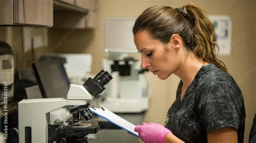 Veterinary technician carefully analyzing blood samples under a microscope in a clinical lab setting ensuring accurate pet health diagnostics.