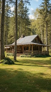 Surrounded by tall trees and open green space, this log cabin feels like a quiet retreat away from everything loud and rushed. The wraparound porch invites slow mornings, the sunlight filters gently through the forest, and every detail suggests a life lived closer to nature. It’s the kind of place where time stretches and peace becomes part of the routine. | Cabin Dreams