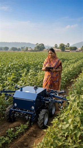 Smart Farming Revolution: Indian Woman Using Robot in the Field