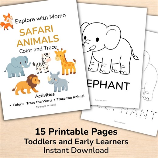 Safari Animals Coloring and Tracing Pages for Toddlers, Printable Preschool and Homeschool Activity - Etsy
