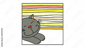 cute grey cat stretching after a long period of inactivity to get its muscles moving isolated on a squared frame with sketchy stripes with colors behind it