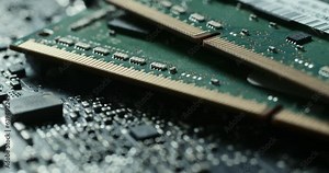 Electronic chip component on the blue printed pcb. Concept of computer hardware and digital computing of big data. Integrated circuit board with processor close up.