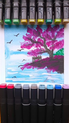 Vibrant pink tree watercolor painting tutorial #trend #farjana #mrbeast #easy #art #shorts #drawing