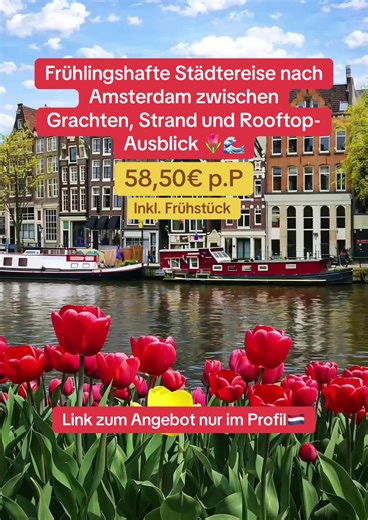 Amsterdam im Frühling – zwischen Strand und Grachten Wenn in Amsterdam die Tulpen blühen und die Grachten im Sonnenlicht glänzen, zeigt sich die Stadt von ihrer schönsten Seite 🌷✨ Das Hotel Four Elements Amsterdam liegt ruhig am Wasser und verbindet nachhaltigen Komfort mit der Nähe zur lebendigen Innenstadt. Perfekt für einen Frühlings-Städtetrip. Nach einem Tag zwischen Rijksmuseum, Grachtenfahrt und Szenevierteln genießt du die Aussicht von der Rooftop Bar oder spazierst zum nahegelegenen St