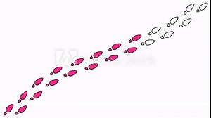 Human footprint 4K video. Pink trace of foot prints of person (man or woman) in boots. Walk loop animation, graphic motion. Step by step footage animation, video on white background.
