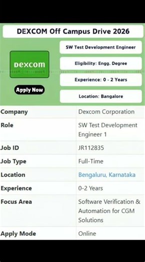 Dexcom Hiring 2026 | SW Test Engineer Job Bengaluru | Freshers Apply #DexcomJobs #ITJobs