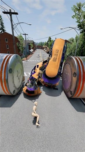 Long Capsule Bus vs Hydraulic Bollard Crush #beamngdrive #kidsgamertech #shorts