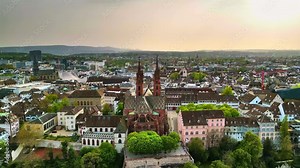 Aerial, drone view of the Basler Munster Cathedral in Basel, Switzerland
