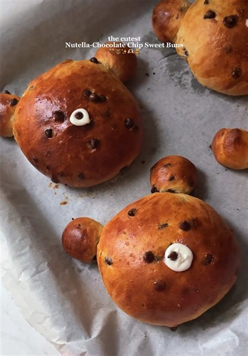 Nutella-Chocolate Chip Sweet Buns 🐻🤎 - Ingredients: For the buns: - 500g bread flour - 50g granulated sugar - 50g dark brown sugar - 7g salt - 7g instant dry yeast - 70g unsalted butter, melted and cooled - 250g warm milk - 1 large egg - 1 teaspoon vanilla extract - 100g semi sweet chocolate chips For the filling: - Nutella Extras: - Egg, for an egg wash Instructions: 1. First, prepare the dough either by hand or with a stand mixer. 2. By hand: In a large bowl whisk together the flour, granula