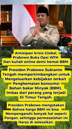 Prabowo buka opsi WFH dan kuliah online demi hemat BBM. #feedshorts #prabowo #indonesia #shorts