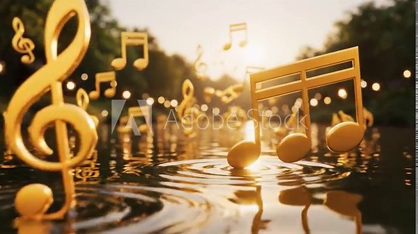 Golden Music Notes Floating on Water - A Serene Symphony.