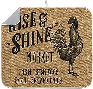 vvfelixl Dish Drying Mat Rooster Pattern Dish Mat Microfiber Drying Mat for Kitchen Counter, Small, 16" x 18", Burlap Print