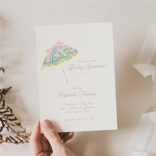 Little Sprinkle Baby Shower Invitation: Umbrella Floral Bow (editable Template), Garden, Minimalist - Etsy