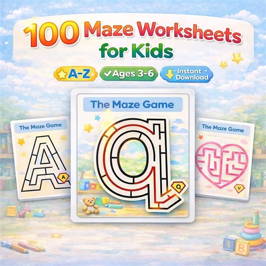 100 Maze Worksheets for Kids Printable PDF | Preschool Activities Ages 3–6 | Alphabet A–Z & Number Mazes | Homeschool Learning - Etsy