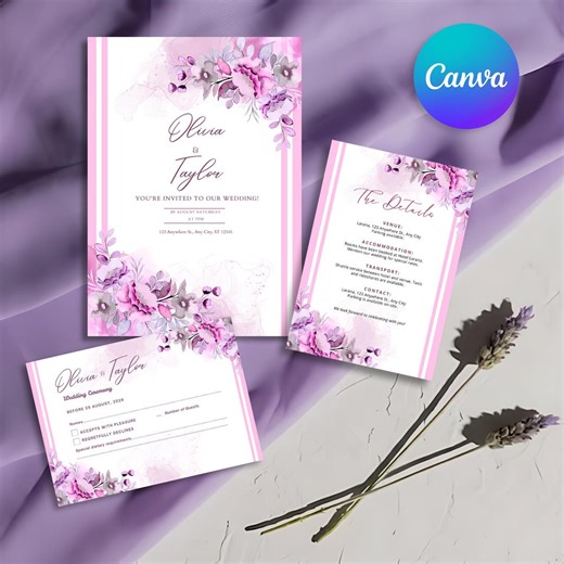 Pink Floral Wedding Invitation Suite | Romantic Invite, RSVP & Details Card | Editable Canva Digital Download - Etsy