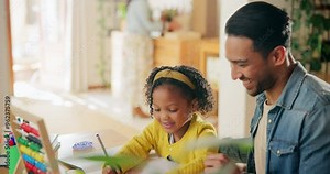 Teaching, high five and homework with father and daughter for education, support and school project. Learning, knowledge and lesson development with man and girl in family home for academic tutor