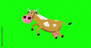Cartoon yellow cow character running in place greenbox. Cute character animal running. Funny isolated moves creature useful animation.