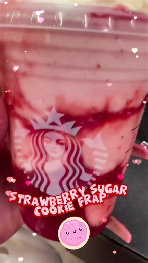 Strawberry Sugar Cookie Frap 🔥 Strawberry N Cream Frap. Substitute Classic syrup for Sugar Cookie syrup. I asked my Barista to blend in 2 Sugar Cookies for me (not supplied by Starbucks) Strawberry purée around the cup. Top with Whip Cream, Strawberry purée. I also topped mine with pink Sugar Cookies 🥰🥰 #reels #fbreels #reelsviral #viralreelsb #viral #virals #viralreels #trending #trendingnow #trendingreels #treatyourself #OMG #Amazing #sogood #sugarcookies #starbucks #starbuckscoffee #starbu