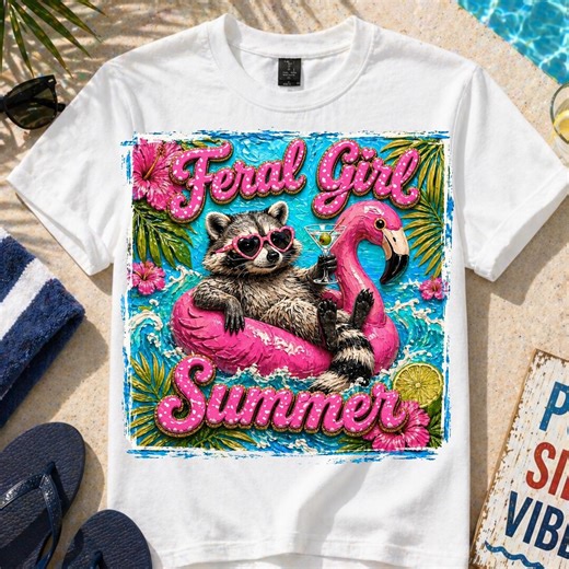 Feral Girl Summer PNG – Funny Raccoon Beach Design, Retro Beach Flamingo Float Design, Preppy Summer Time PNG, Beach Shirt PNG, Summer Vibes - Etsy