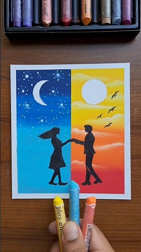 🌙☀️ Love Beyond Time | Day & Night Couple Drawing in Oil Pastels 💞 #art #oilpastel