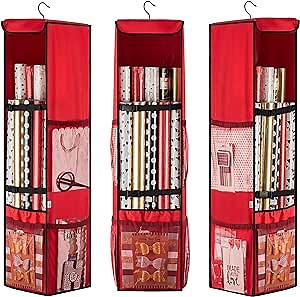 ZOBER Premium Hanging Gift Wrap Organizer, with Strap and Pockets, Stores Up to 24 Rolls 40” Tall, 360-Degree Hook, Holiday Wrapping-Paper Storage Bag, Made of Tear-Proof Fabric - (Red)