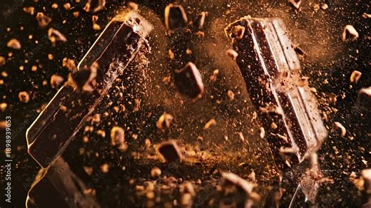 Dark chocolate bar shattering, creating fine cocoa powder explosion