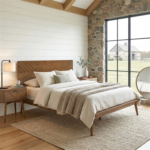 Latitude Run® Loki King Bed Frame With 3D Chevron Headboard & Signature Tapered Legs, Premium Mid-century Modern Wood Platform Bed Frame, Low-profile Surround | Wayfair