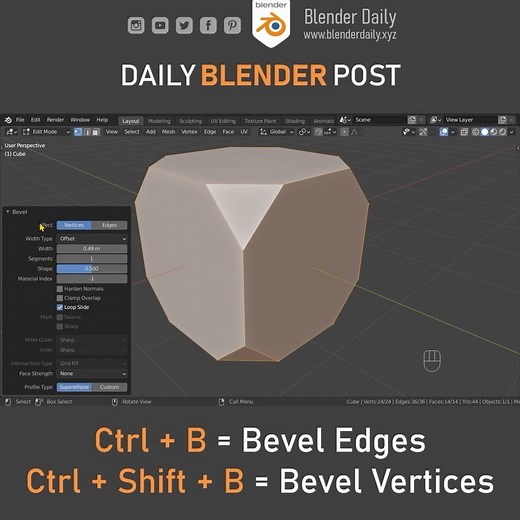 Daily Blender Tips on Instagram: "Ctrl + Shift + B to bevel vertices. Together with the Blender Bros I have created a videocourse where we share 497 of our most valuable Blender tips. In total we recorded more than 12 hours of content! Get it now with the link in my bio. #blender #blender3d #3d #b3d #blenderdaily #dailyblender #cycles #eevee #cyclesrender #blendercycles #blendervfx #blendercommunity #3dart #vfx #render #3dmodel #3dmodeling #3danimation #motiongraphics #lowpoly #blendervfx #madew