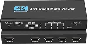 HDMI 4 Channel Quad Multi Viewer Screen Switcher 4 in 1 Out 2 in 1 Out with IR,Compatible 4 Port Computer Host Laptop External HDMI Monitor TV Projector Splitter Adapter 4K 1920@1080P