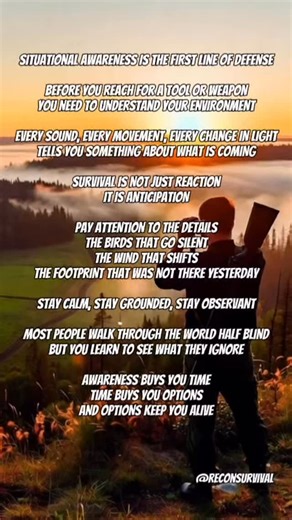 Situational awareness is the foundation of survival. It is the skill that separates those who react from those who are ready. In every environment, urban or wilderness, your greatest advantage is not gear or strength, it is perception. Awareness starts before danger appears. The forest goes quiet before a storm. Strangers act differently before violence. Shadows and sound change before movement. The signs are always there, but most people never see them because they never learned to look. Train 