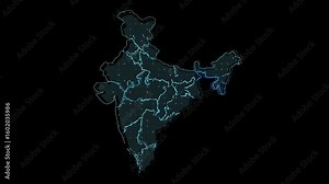 A digital map of India with glowing borders and cities. The map highlights the country's various regions and major urban centers