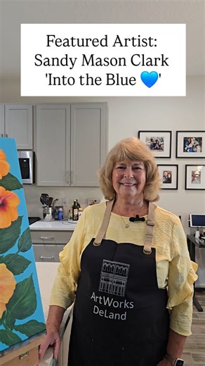 Meet Sandy Mason Clark, one of our featured artists this month at ArtWorks DeLand! 💙 In this reel, Sandy invites you into her “studio”… also known as her kitchen. She once thought she needed a special space to paint — turns out, all you really need is good light and a little inspiration. ✨ Come see her beautiful collection, Into the Blue, on display through Sunday, Nov 2nd at ArtWorks DeLand, 111 W. Indiana Ave. #ArtWorksDeLand #IntoTheBlue #SandyMasonClark #LocalArt #DeLandArtists #ArtExhibit 