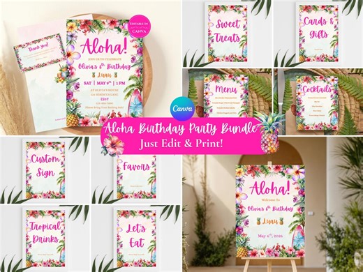 Aloha Luau Birthday Invitation Bundle, Tropical Birthday Theme, Hawaiian Invite, Hibiscus Summer Party EDITABLE Canva Template - Etsy