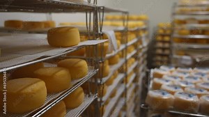 Cheeses maturing before labeling them in a cold chamber of cheese factory