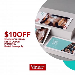 Get $10 off when you spend $35 in color printing (includes signs, posters, banners, brochures, flyers & presentations). Order by 2 PM and get it same day. Exclusions apply. Coupon required. Ends 8/29/20 | Office Depot
