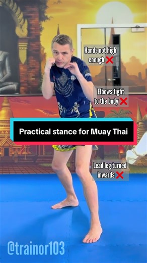 Practical stance for Muay Thai: ⁣⁣ ⁣⁣ I often see/get comments suggesting that the stance in Muay Thai isn’t practical. The common ones are “They stand too square on, their hands are too high and their elbows stick out too much”. ⁣⁣ ⁣⁣ HANDS NOT HIGH ENOUGH: Having your hands resting on your chin, isn’t the best defence when you consider the danger elbows and head kicks can do. An elbow striking you from the cheek bone up, can do some serious damage, not to mention what a shin across the face ca