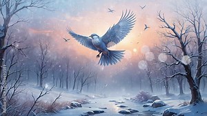 Flock of bluebirds flying over serene snowy river at dawn. Winter wildlife concept Seamless looping 4k time-lapse animation video background