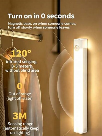 1pc Motion Sensor Closet Light - Auto Sensing Night Light, Auto-On LED Strip Light, Magnetic, Adjustable Brightness, Battery Powered, USB Rechargeable, For Closet, Cabinet, Wardrobe, Stairs, Hallway, Bedroom, Study, Counter, Under Cabinet Lighting, Lamp, Light, Kitchen Light, Kitchen, Kitchen Accessories, Home Decor, LED Light | SHEIN