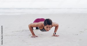 Push up, exercise and woman on the beach with fitness, health and wellness in nature. Strong, workout and person training arms on sand at the ocean or sea in morning, summer or healthy challenge