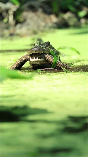 Volume up! What kind of snake is the gator battling? 😬 Alligator vs Snake!