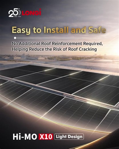 Solar panels designed specifically for factory 🏭 Designed to minimize structural load while still ensuring durability and stability for long-term use The Hi-MO X10 Light design is specially made for roofs that can with limited load capacity, such as factories, hotels and warehouses. Easy to install without reinforcing additional structures 💪🏻 ✅ Light but sturdy and durable ✅ HPBC 2.0 technology provides output power up to 560W with performance up to 24.8%. ✅ Easy and safe installation, no roo