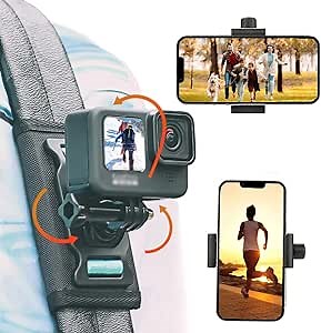 UNIXYZ 360 Rotation Backpack Mount with Phone Clip for GoPro, Bag Belt Shoulder Strap Holder Chest Neck Shooting View for Go Pro Max Hero 11 10 9 8 7 Insta360 X2 X3 DJI Action 2 3 Travel Hiking Bike