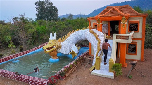 Stunning Mud Villa With Sparkling Pool and Slide Built by Bare Hand in the Forest in 130 Days!